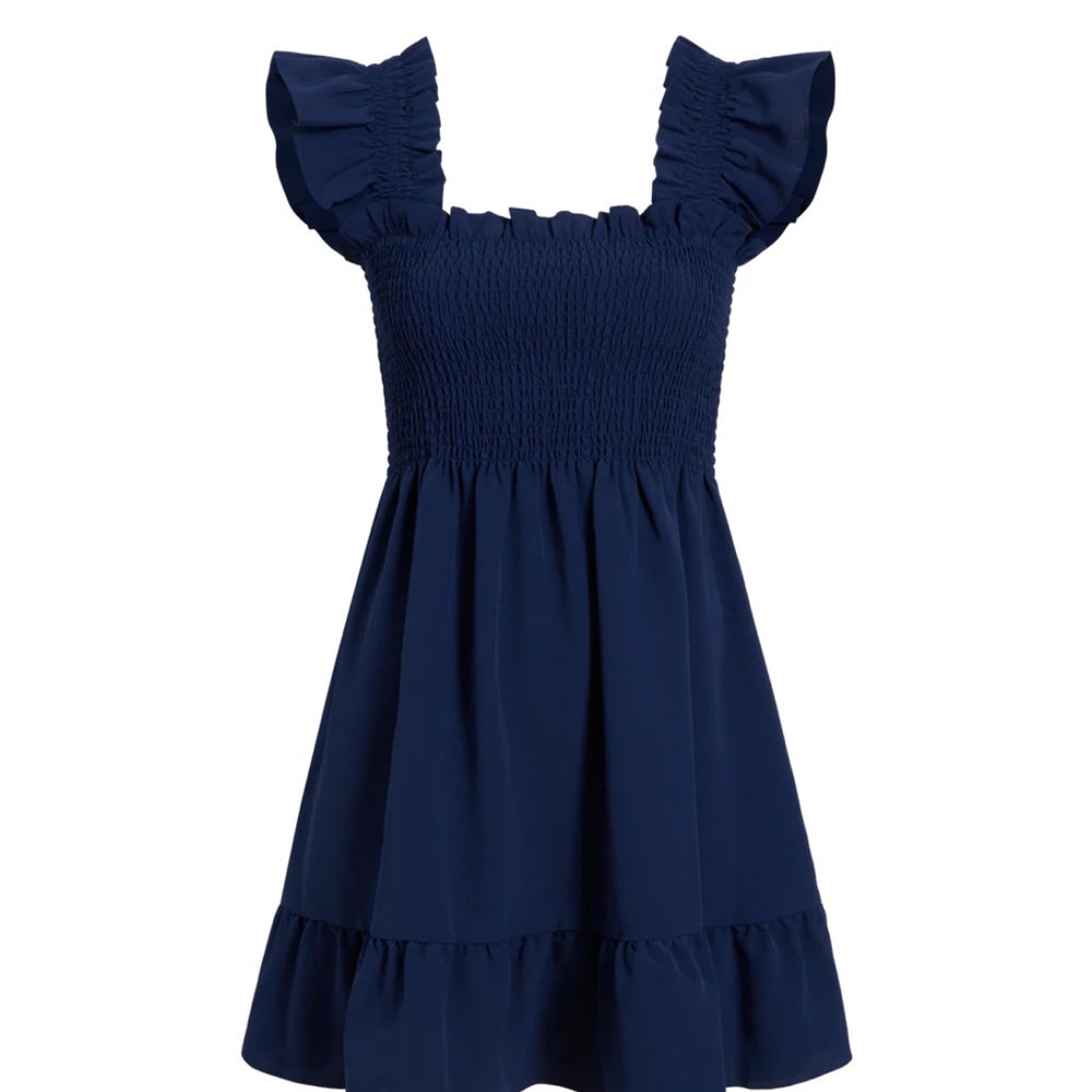 Hill House Elizabeth Navy Smocked Ruffle Strap Crepe Dress